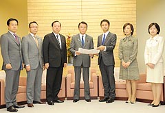青年政策で麻生首相（中央）に要望する太田代表（左隣）と谷合委員長（右隣）ら＝１２日
