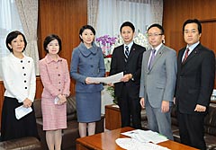 小渕担当相（中央左）に若者に関する施策推進で申し入れる党青年委＝１７日　内閣府